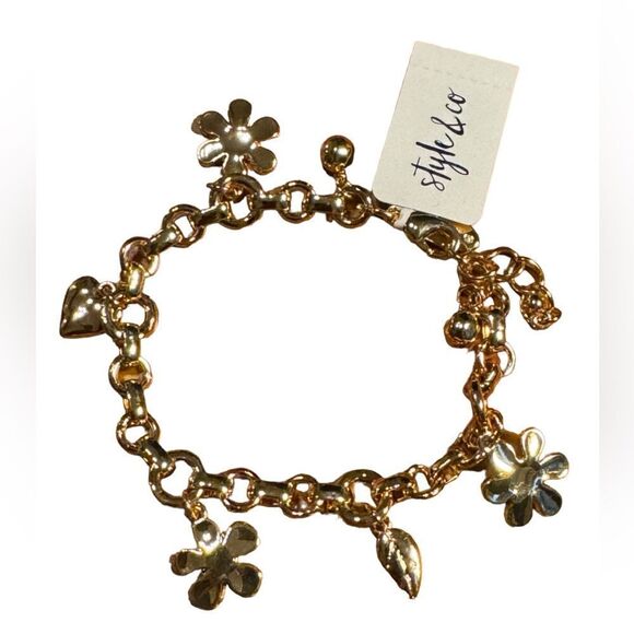NWT Style & Co Flower, Heart & Leaf Shaky Charm Link Bracelet - Picture 2 of 3